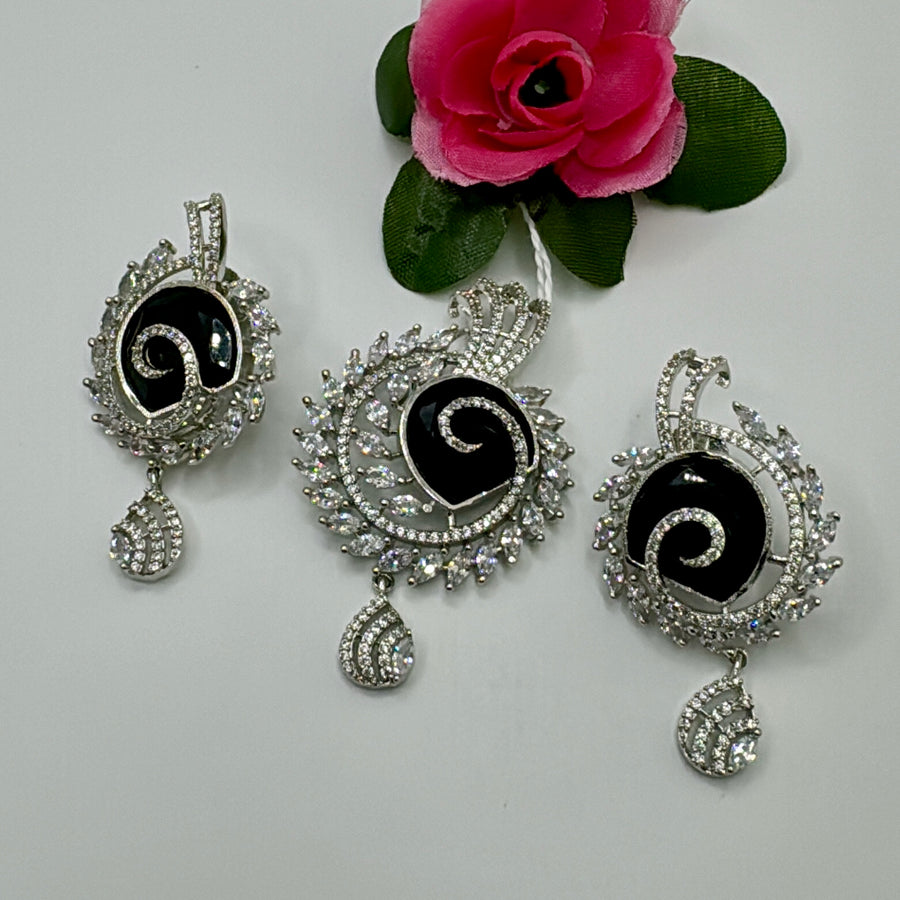 Black American Diamonds Designer Inspired Pendant Set With Chain