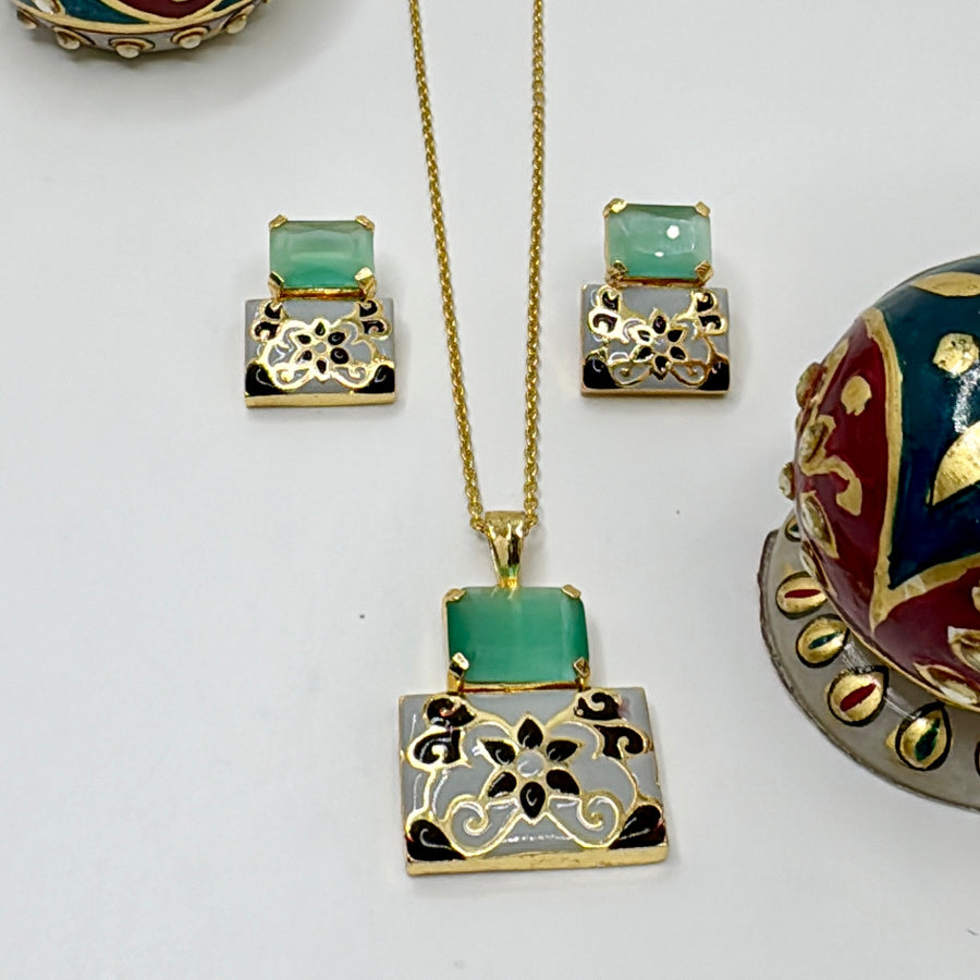 Mint Stone & Meenakari Pendant Set