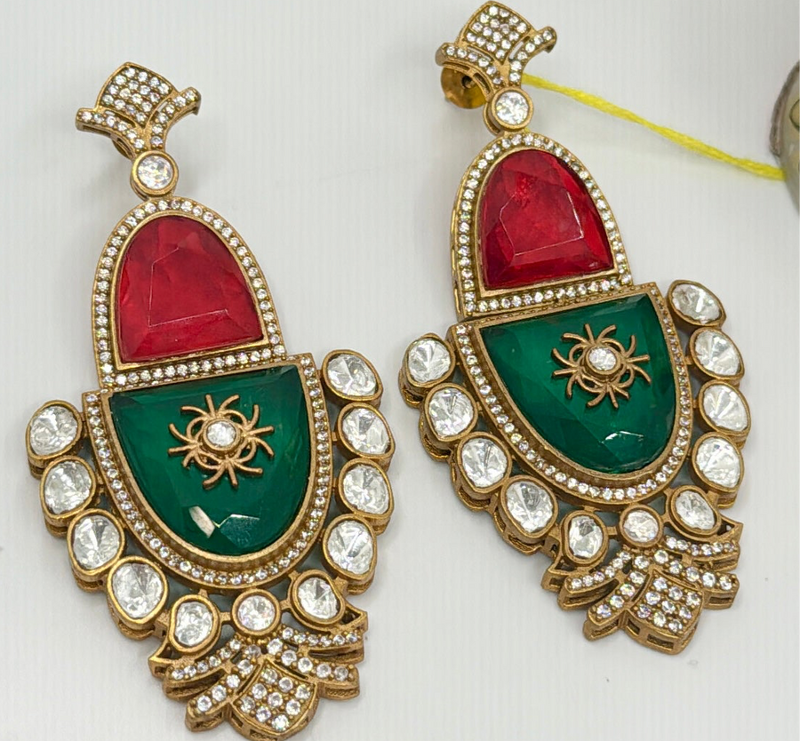 Red & Green Doublet & Moissanite Kundan Inlay Statement Earrings