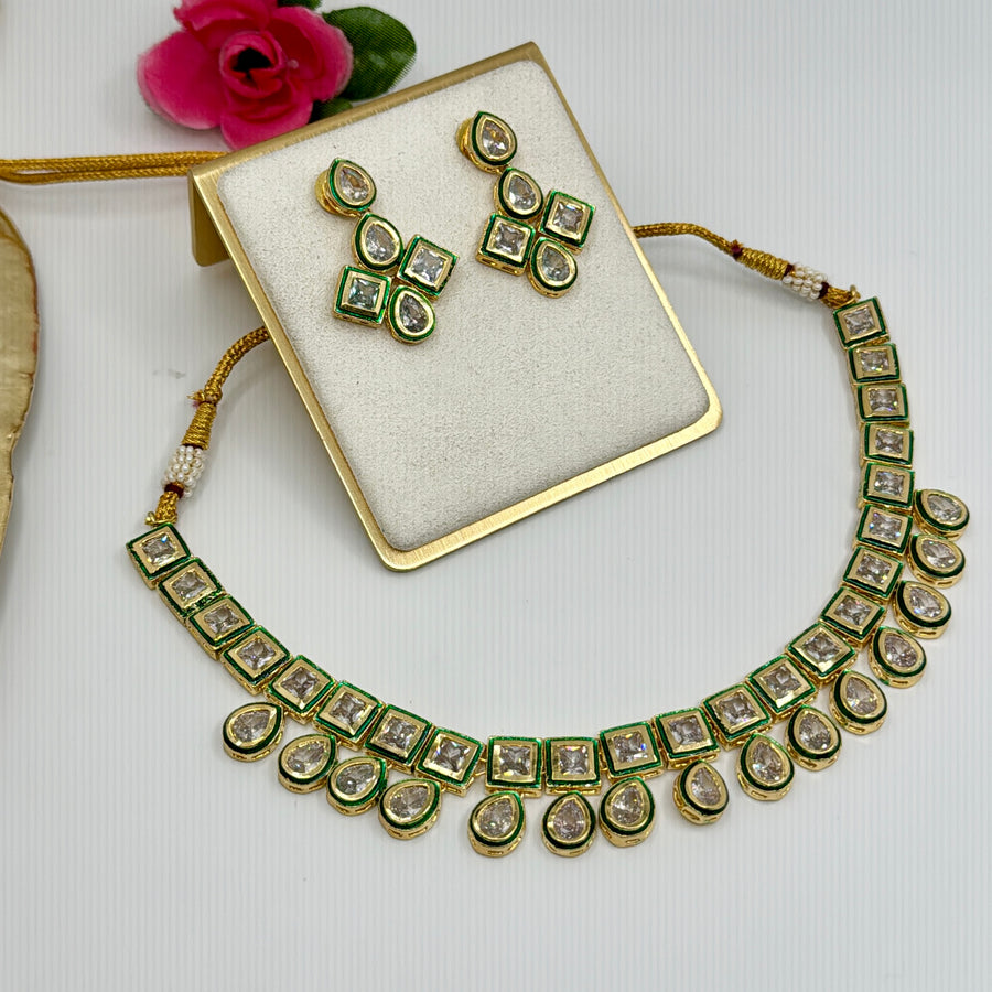 Green Reverse AD Kundan Necklace Set