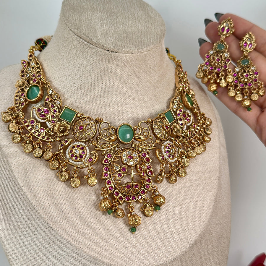 Multi Mint & Ruby Antique Gold Heritage Choker Necklace Set