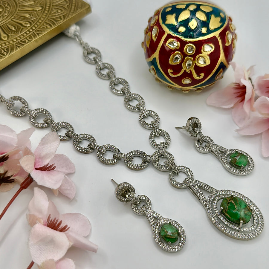 Green Metallic Doublet American Diamonds Necklace Set