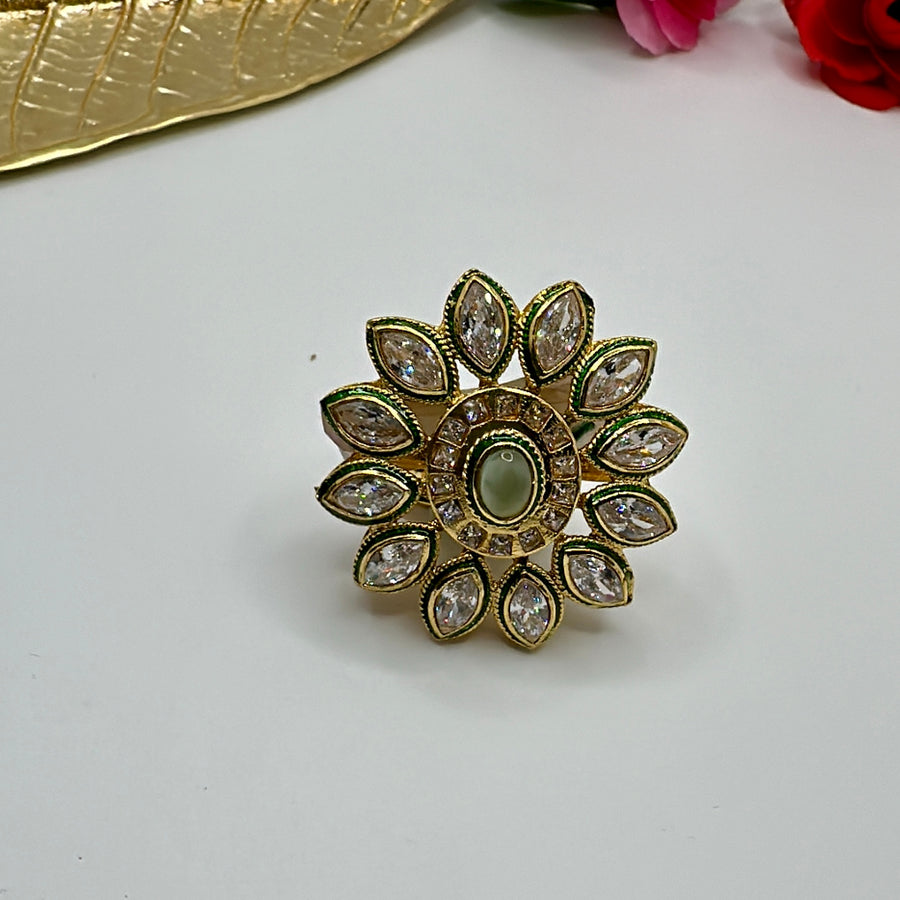 Mint Kundan Adjustable Finger Ring