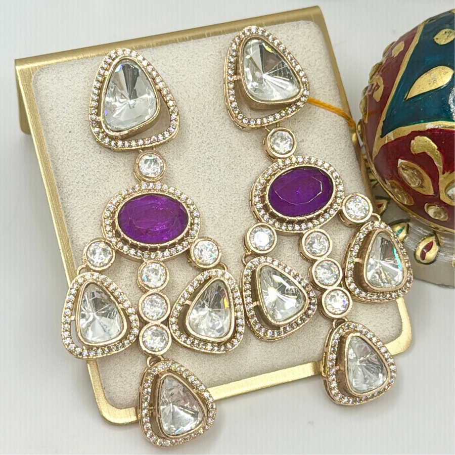 Purple Moissanite Kundan Statement Earrings