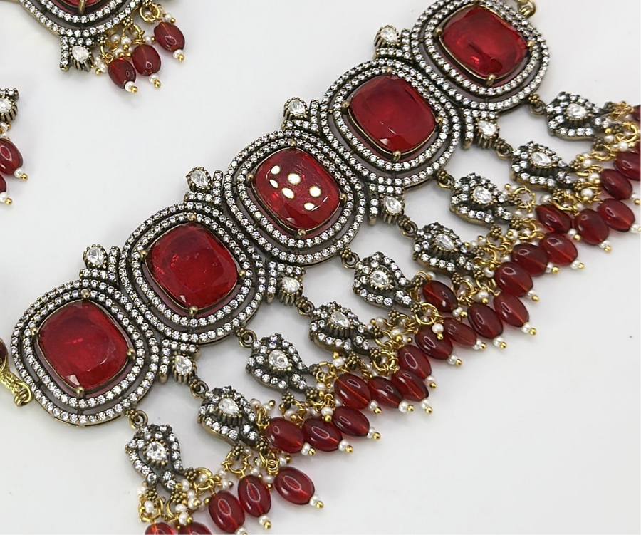 Red Doublet & Moissanite Kundan Choker Set