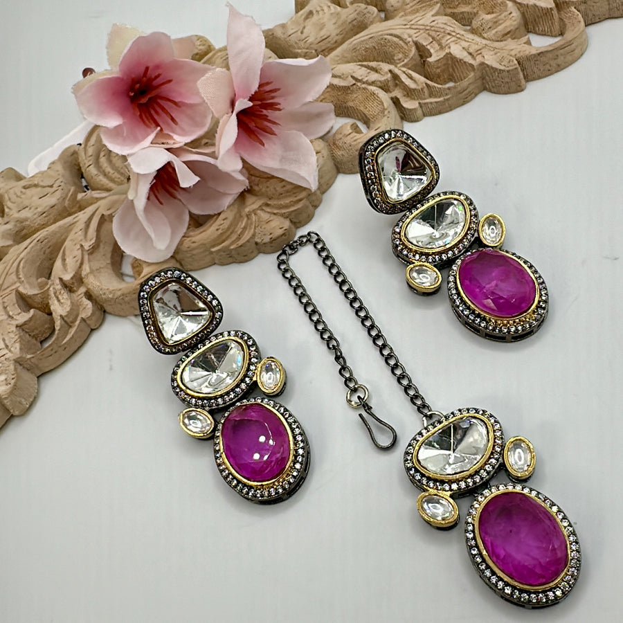 Hot Pink Doublet & Uncut Kundan In Victorian Finish Earrings & Mang Tikka Set