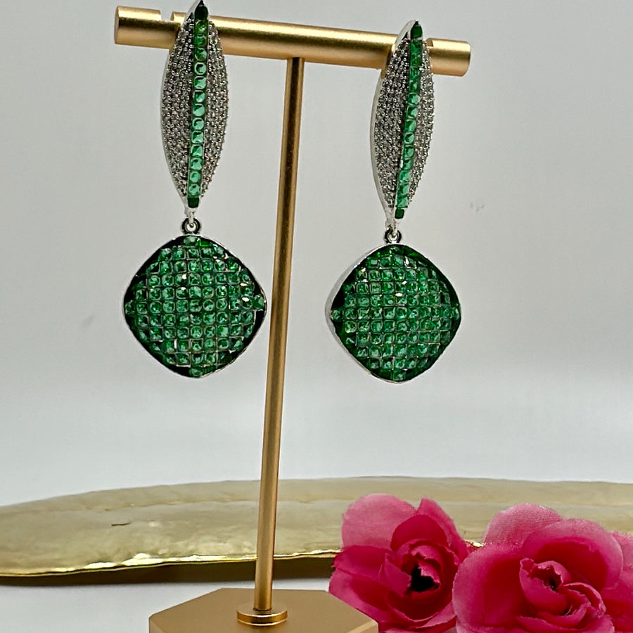 Green Invisible Setting American Diamonds Earrings