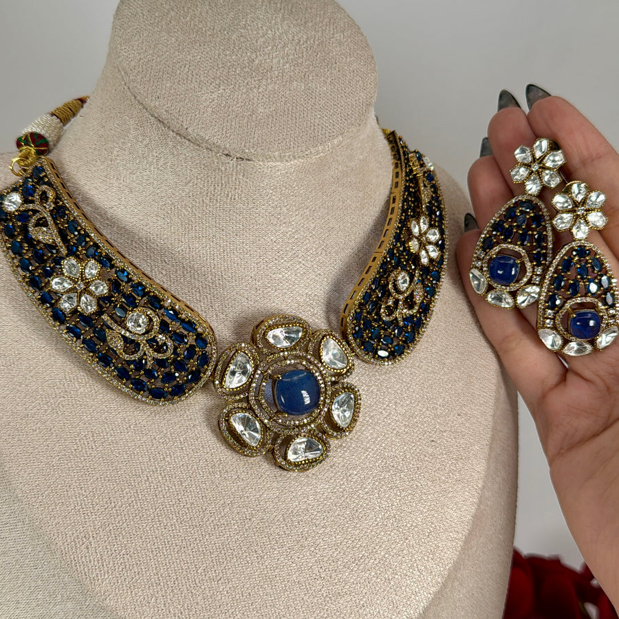 Blue Doublet Moissanite Invisible Flower Necklace Set