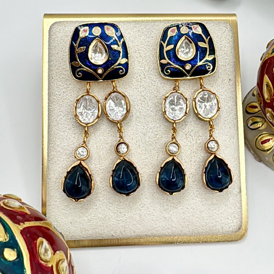 Blue Meenakari Moissanite Kundan Earrings