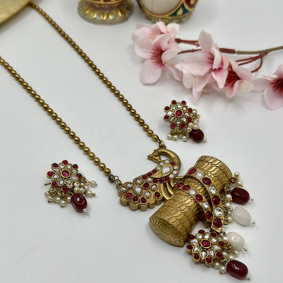 Ruby & Clear Silver Lookalike Antique Gold Long Necklace Set