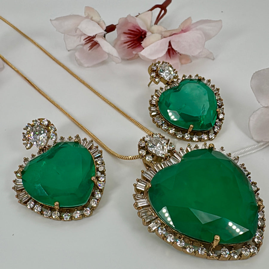 Green Doublet & American Baguette Diamonds CZ Statement Heart Pendant Necklace Set