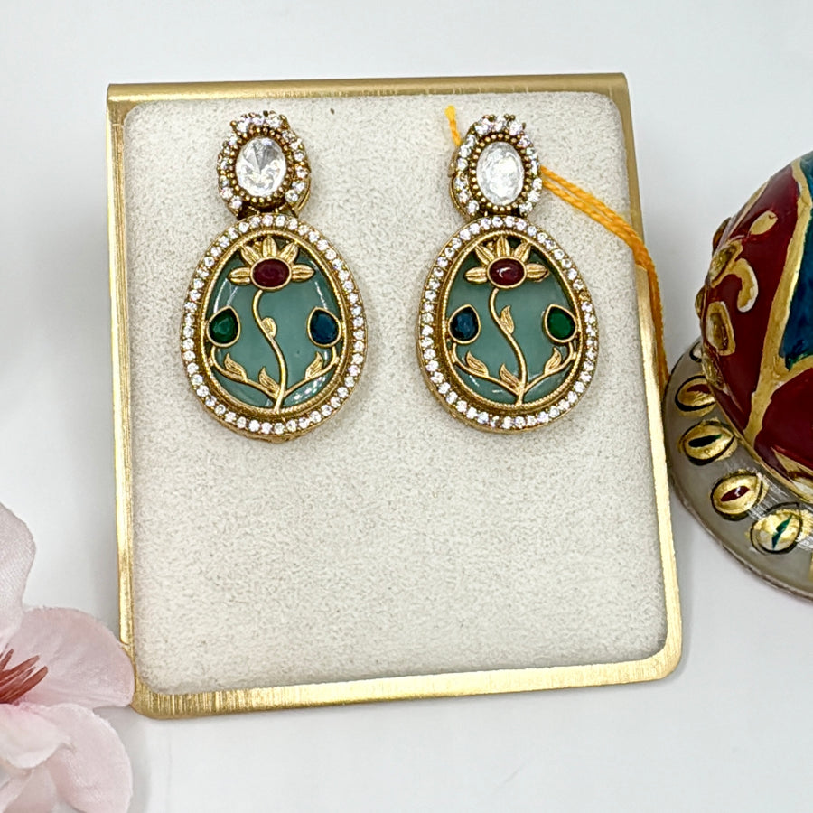 Mint Stone With Inlay Work Kundan Earrings