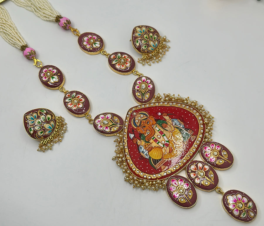 Ruby Red Tanjore Ganesha Long Necklace Set