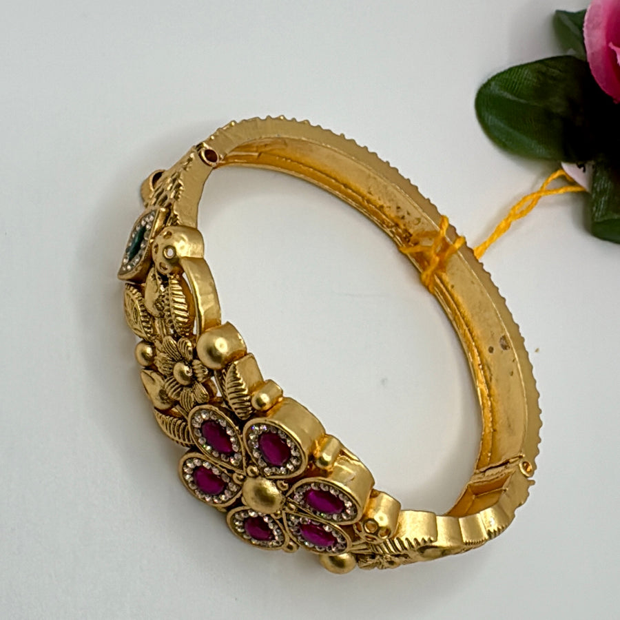 Hot Pink Antique Gold Ruby Flower Kundan Bracelet (Openable Size 2.2-2.6)