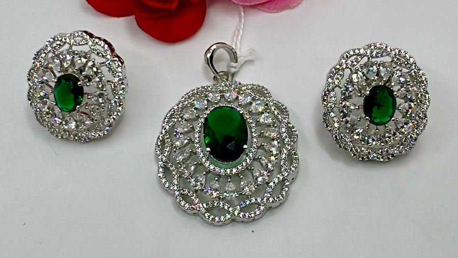 Green American Diamonds Pendant Set