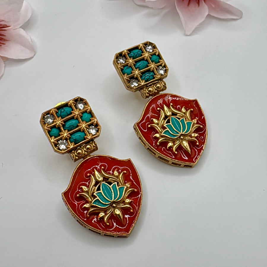 Red & Turquoise Earrings With Kundan Inlay Work(SLA)