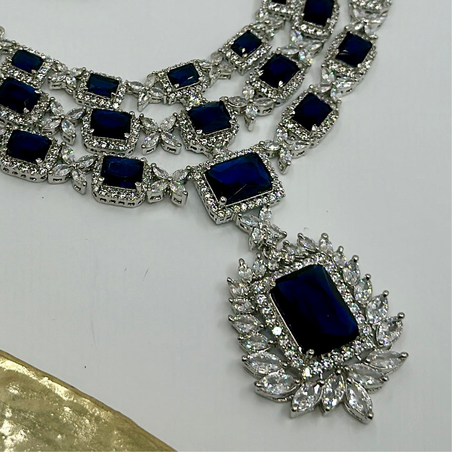 Blue American Diamonds Three Layers Necklace Set