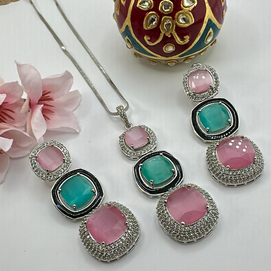 Mint & Pink Hydro Stones & American Diamonds Pendant Set