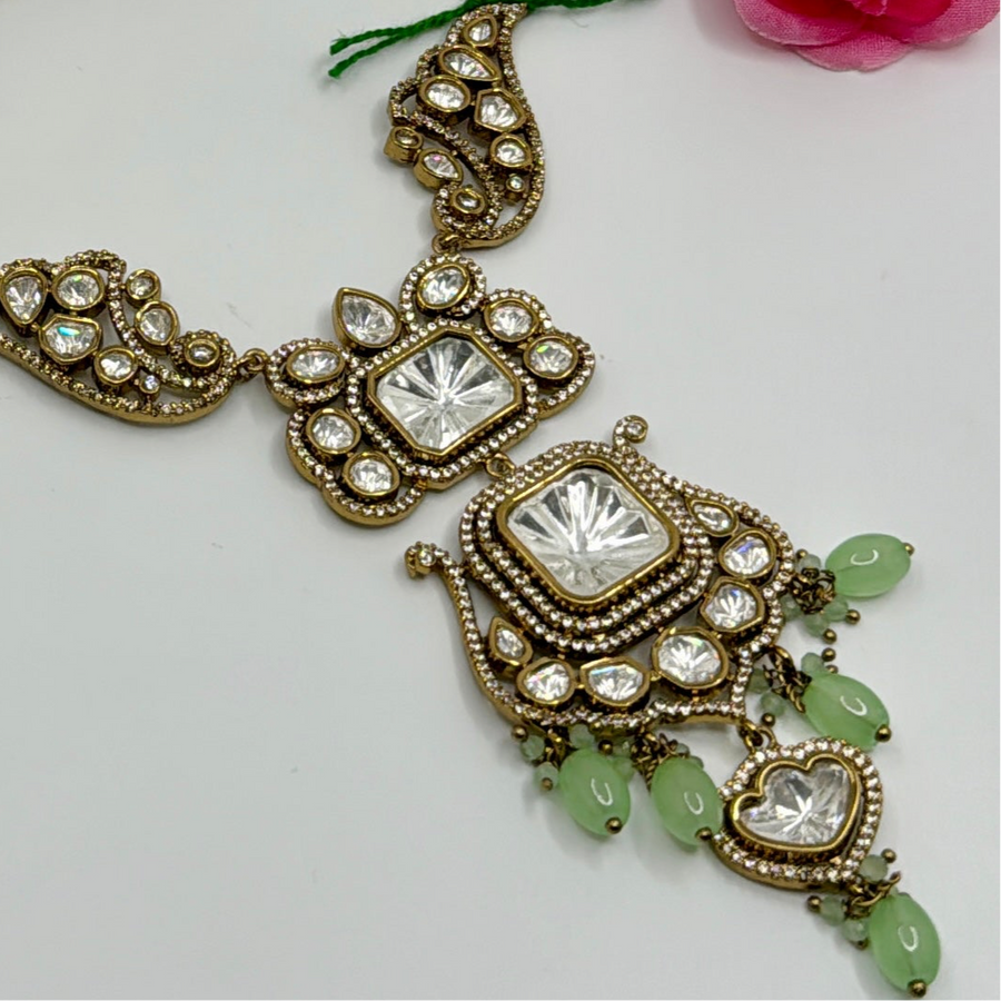 Mint Green Moissanite Hasli Necklace Set With Meenakari