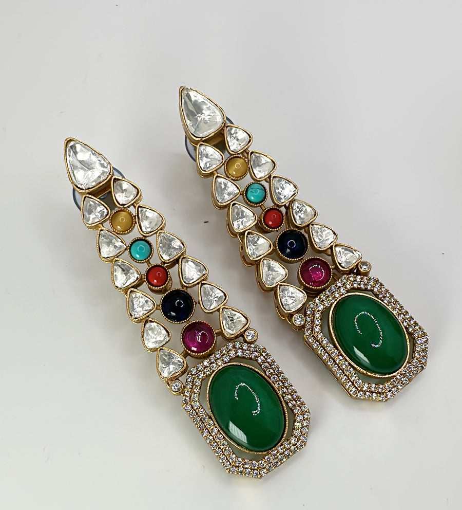 Multi Navratan Moissanite Kundan Statement Earring with Green Doublet