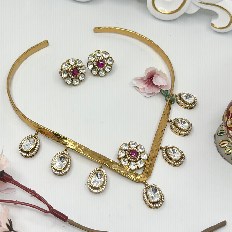 Ruby Moissanite Kundan Hasli Necklace Set