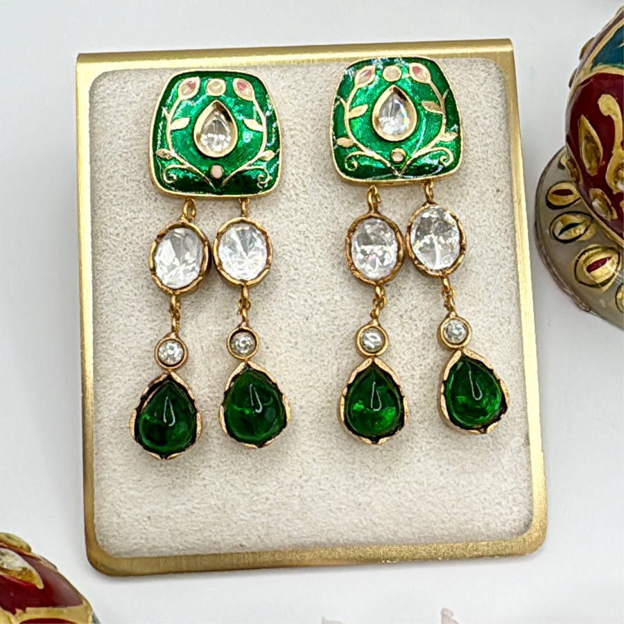 Green Meenakari Moissanite Kundan Earrings