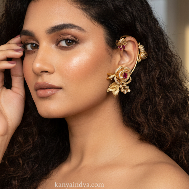 Ruby Moissanite Flower Cuff Earrings