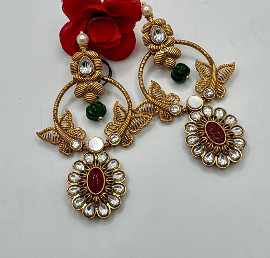 Green And Ruby Statement Chand Bali Earrings