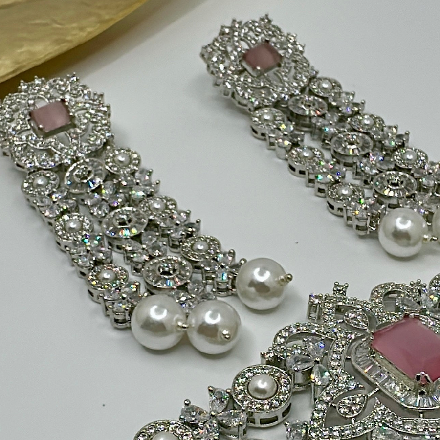 Pink American Diamonds & Pearls Choker Necklace Set