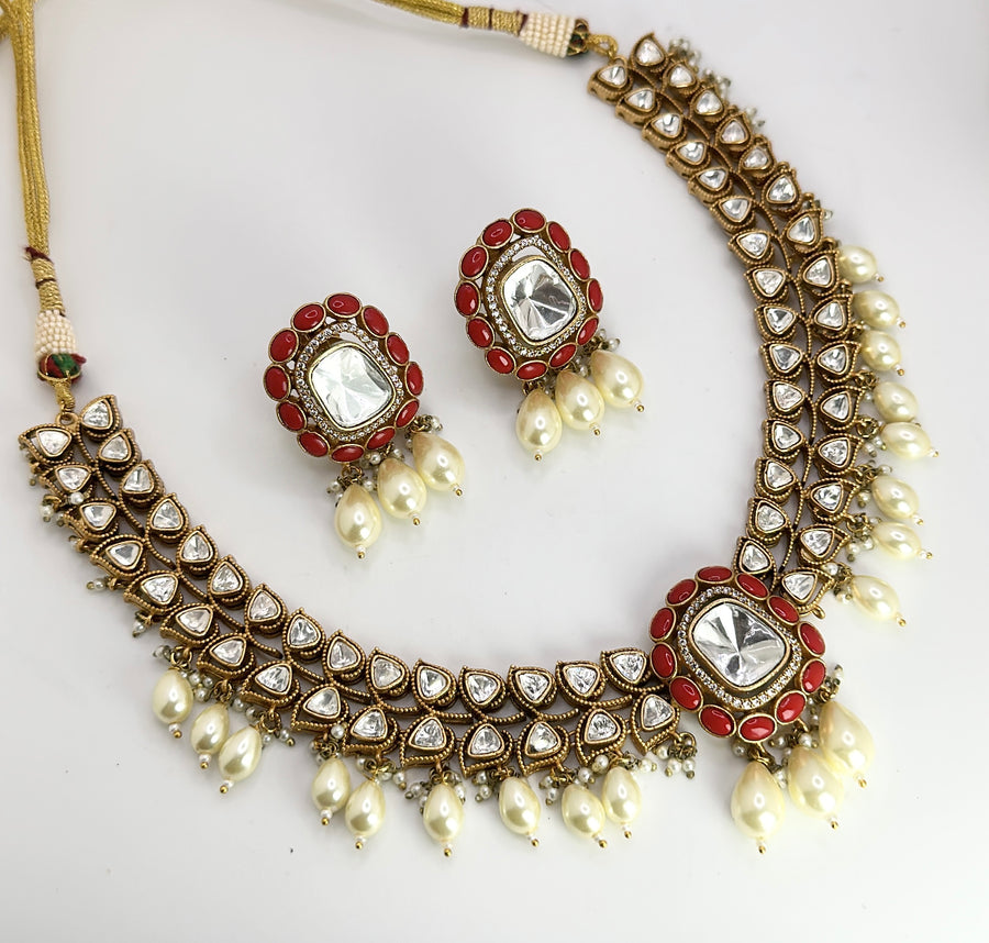 Coral Red Moissanite Kundan Necklace Set