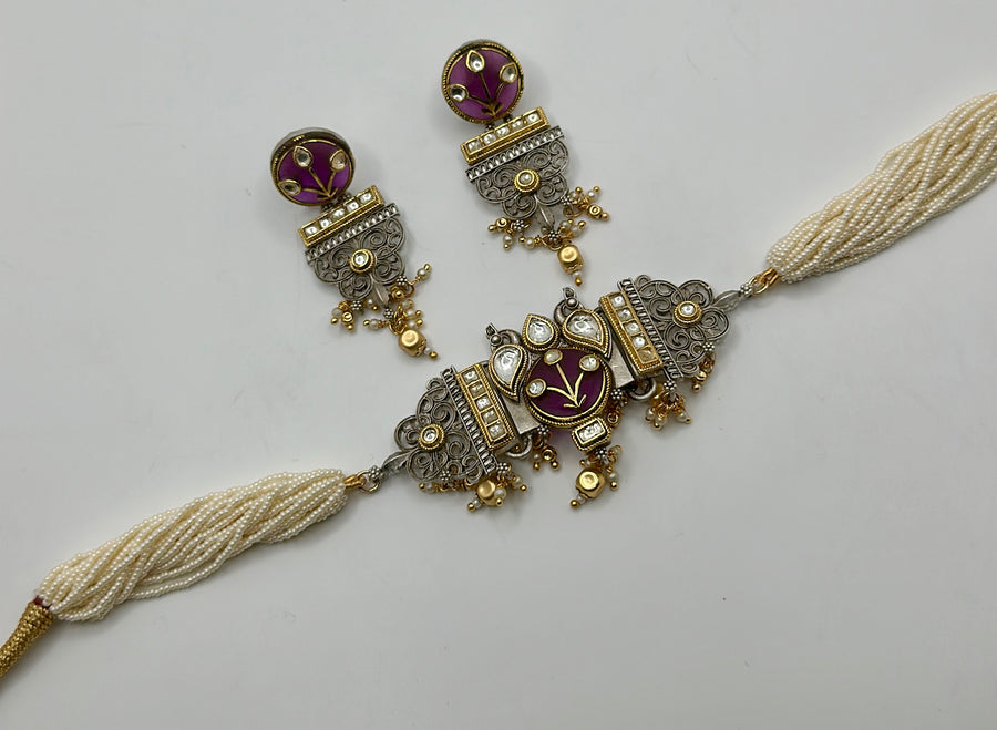 Purple Silver Lookalike Kundan Choker Set