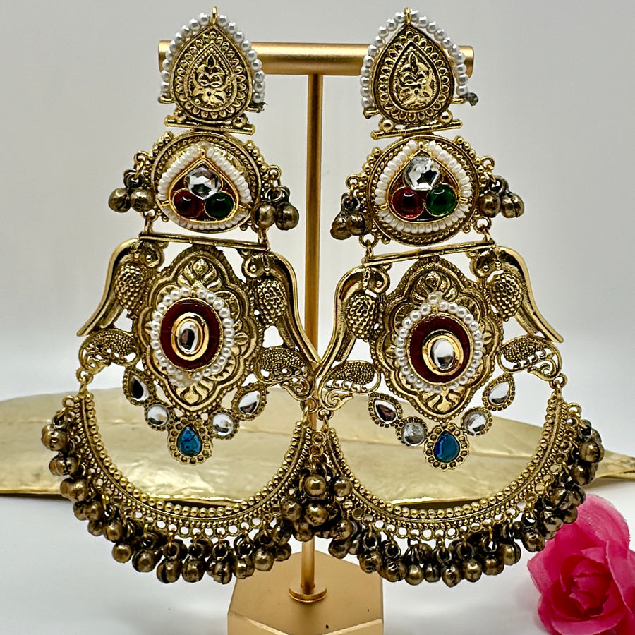 Red Silver Lookalike Gold Statement Chand Bali Earrings