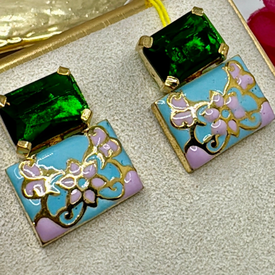 Green Swarovski Crystal & Blue Meenakari Studs