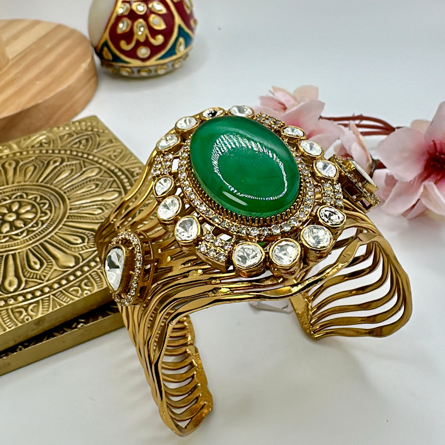 Green Doublet & Moissanite Kundan Adjustable Cuff Bracelet