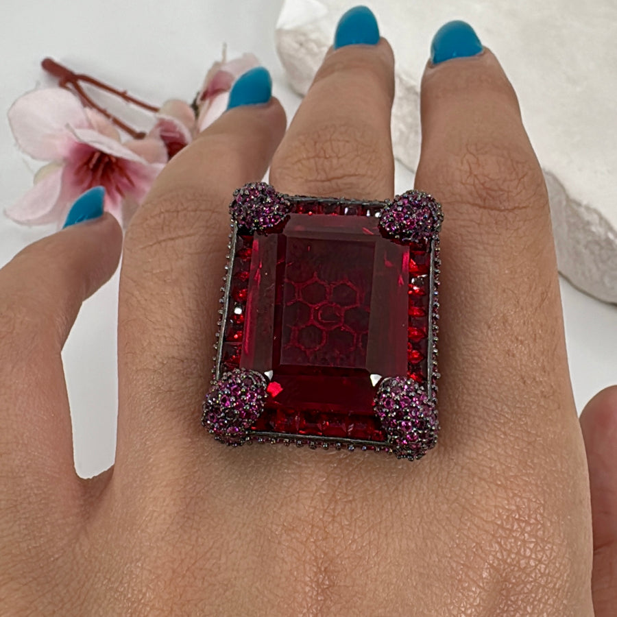 Ruby Doublet Statement Cocktail Adjustable Finger Ring