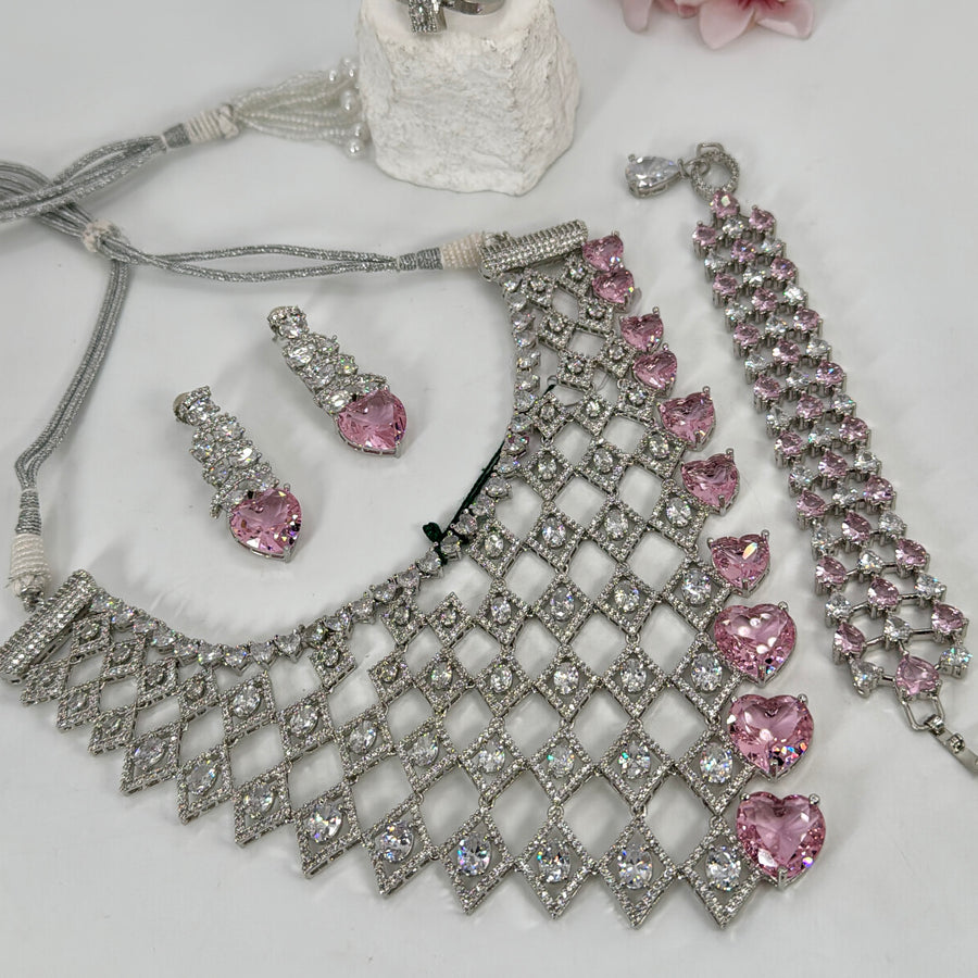 Pink American Diamonds Cubic Zirconia Bib Necklace Set With Adjustable Bracelet & Finger Ring