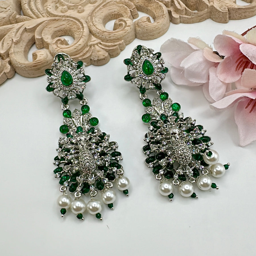 Green American Diamonds & Pearl Earrings