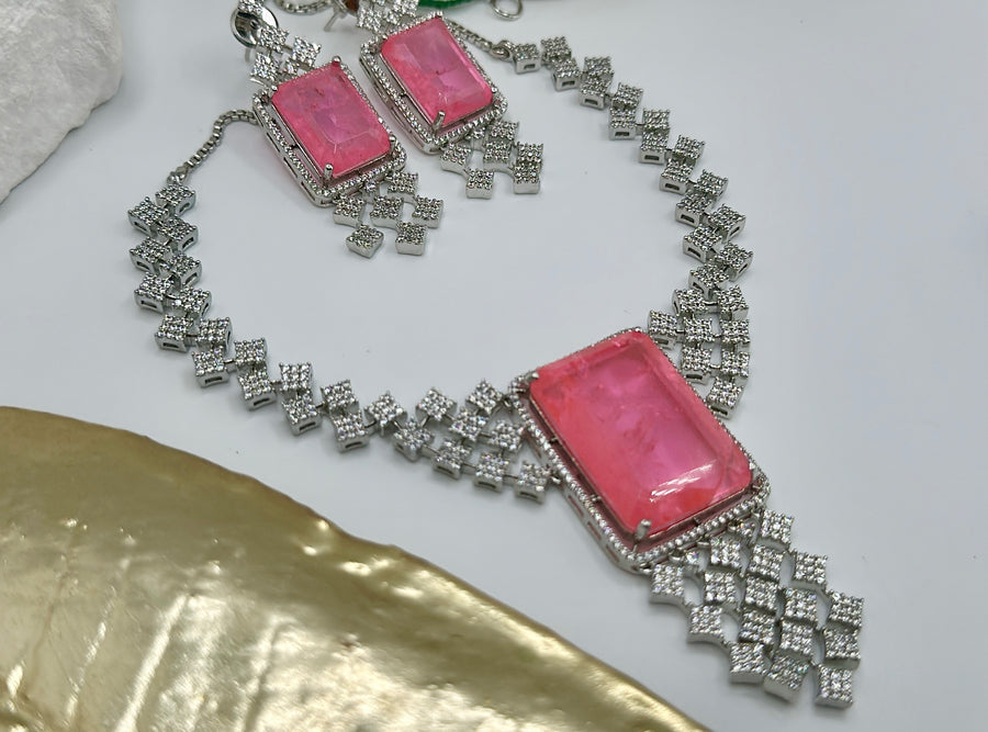 Pink Doublet & American Diamonds Necklace Set