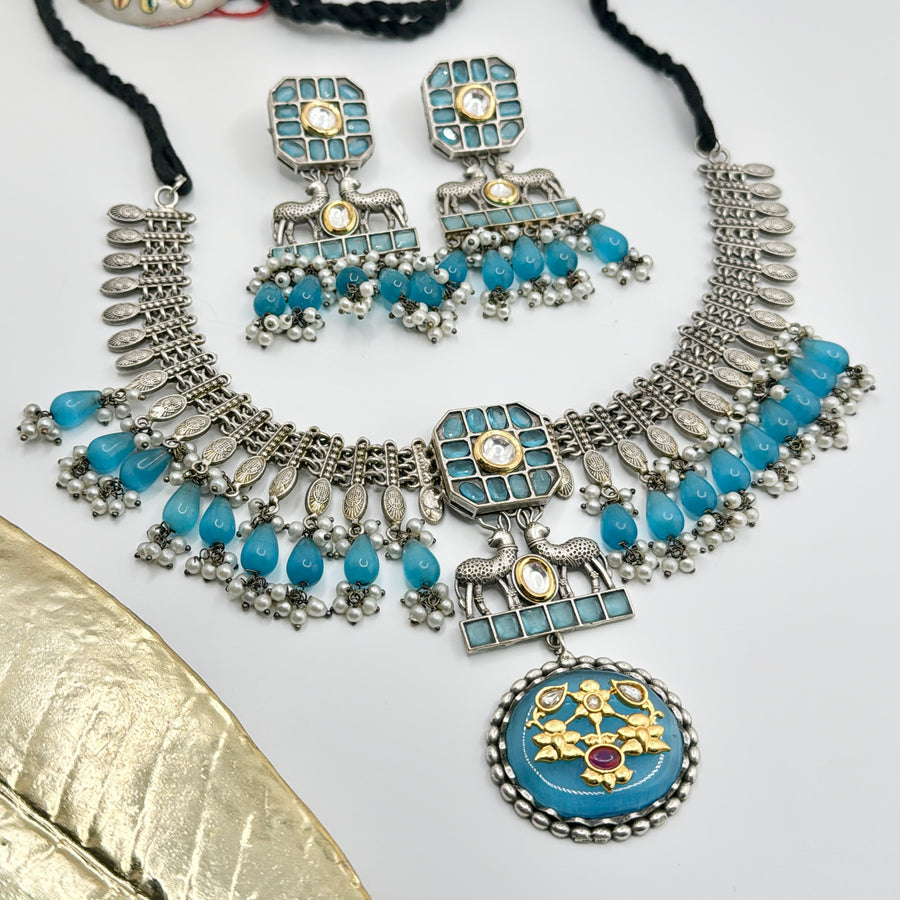 Turquoise Silver Lookalike Necklace Set