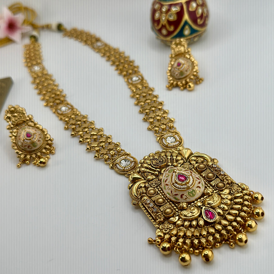 White Meenakari With Ruby Stones Antique Gold Long Necklace Set