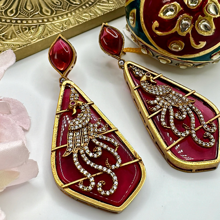 Ruby Enamel Earrings With American Diamonds Inlay Work