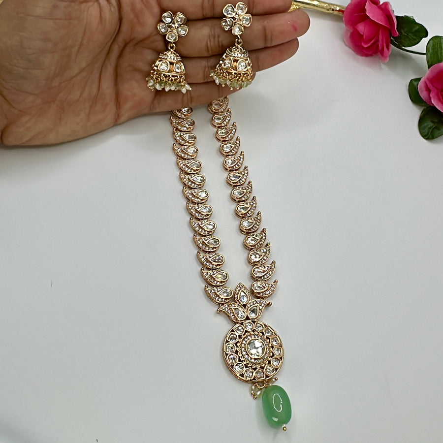 Mint Mango Moissanite Kundan Necklace Set with drop