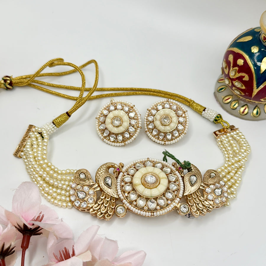 White MOP & Moissanite Kundan & Pearls Choker Necklace Set