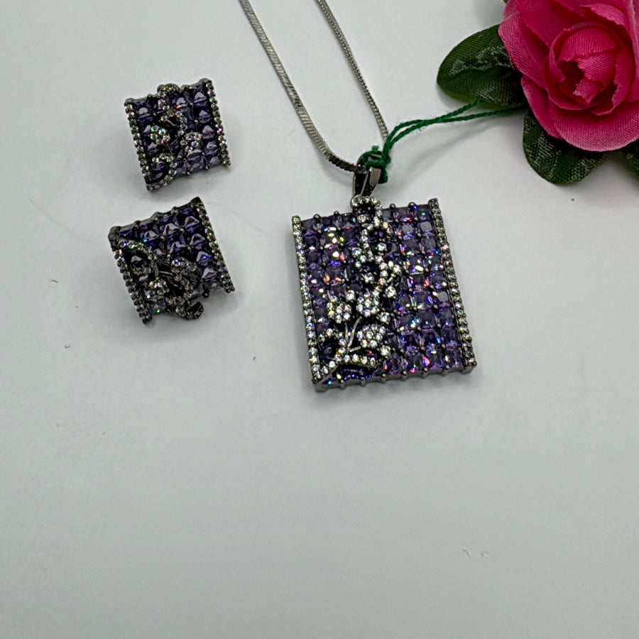 Purple American Diamond Invisible Stone Pendant Set