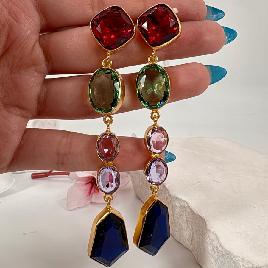 Multi Blue Glass Stone American Diamonds Cubic Zirconia  Earrings (Approx. Length 3.5 inches)