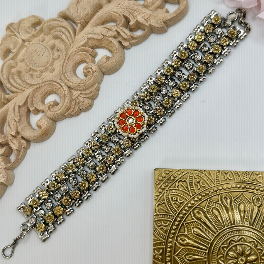 Orange Paachi Kundan Motif Dual Tone Silver Lookalike Adjustable Bracelet(One Size Fits All)