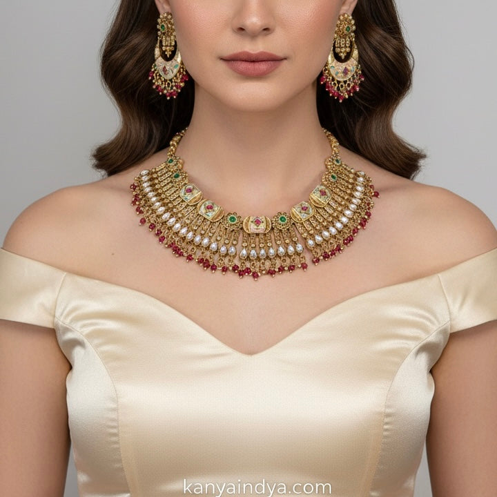 Multi Antique Gold Kundan Necklace Set