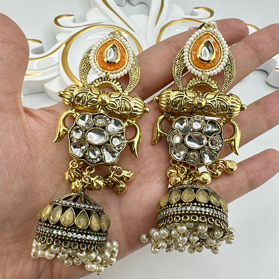 Orange Silver Lookalike Kundan & Gold Jhumka