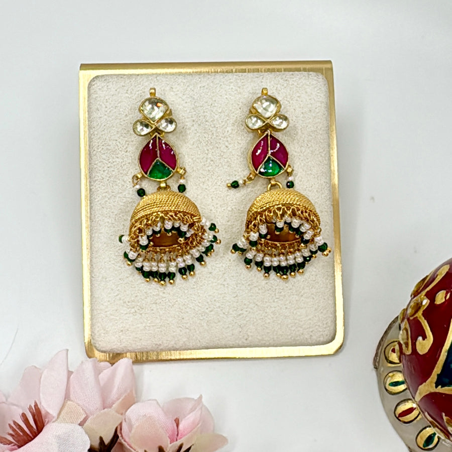 Green & Ruby Antique Gold Paachi Kundan Jhumka Earrings