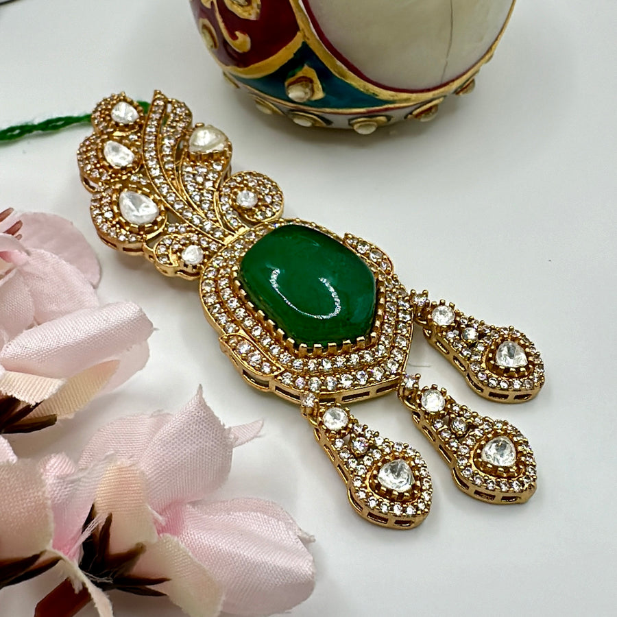 Green Doublet & Moissanite Kundan Gold Polish Juda Bun Hair Accessory(Can also be worn as Pendant)